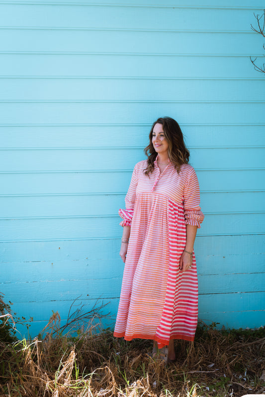 INJIRI Sunset Blockprint Stripe Cotton Ladies Dress - BODHII