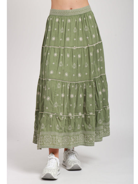 Green Cotton Midi Skirt with White Embroidery - BODHII