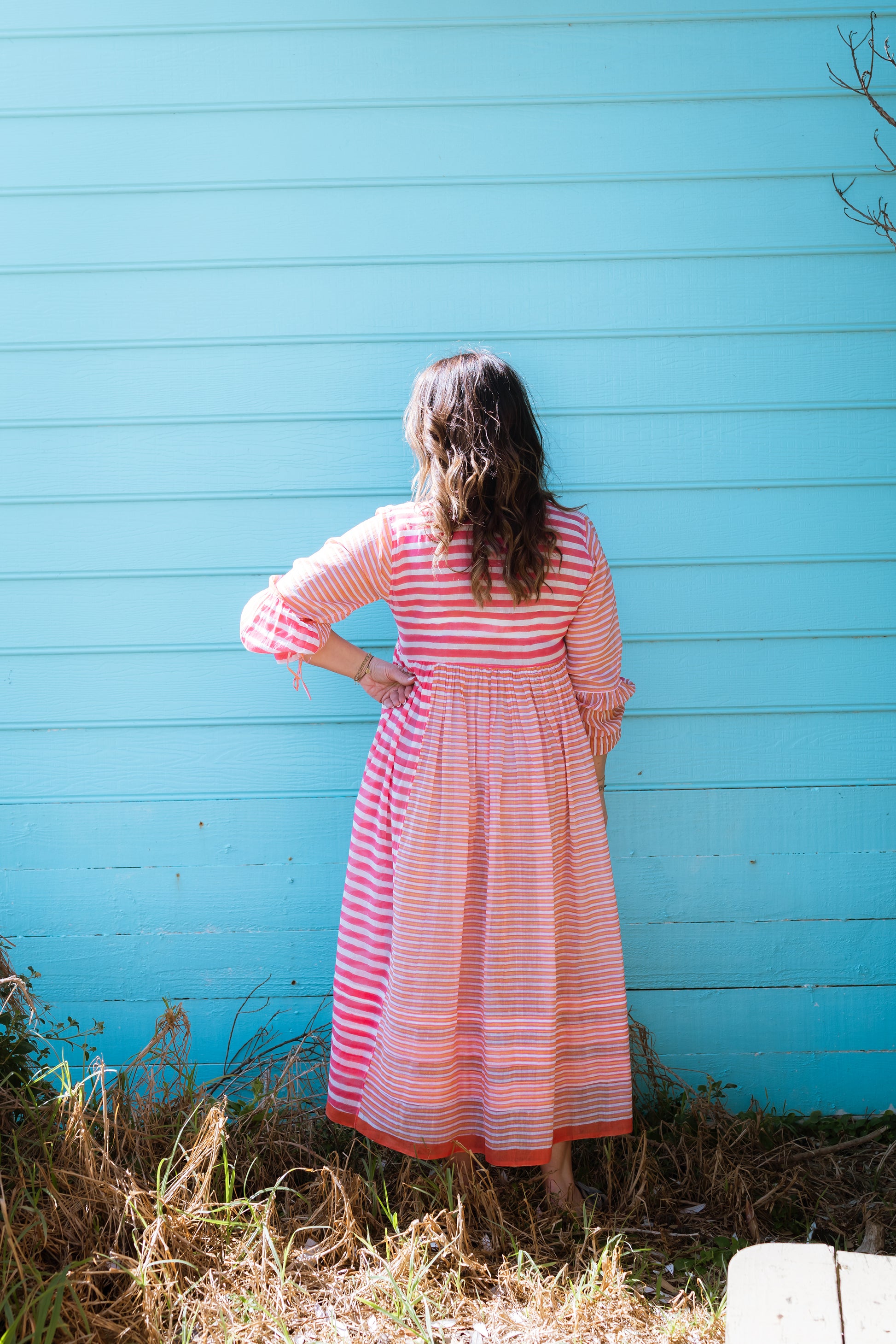 INJIRI Sunset Blockprint Stripe Cotton Ladies Dress - BODHII