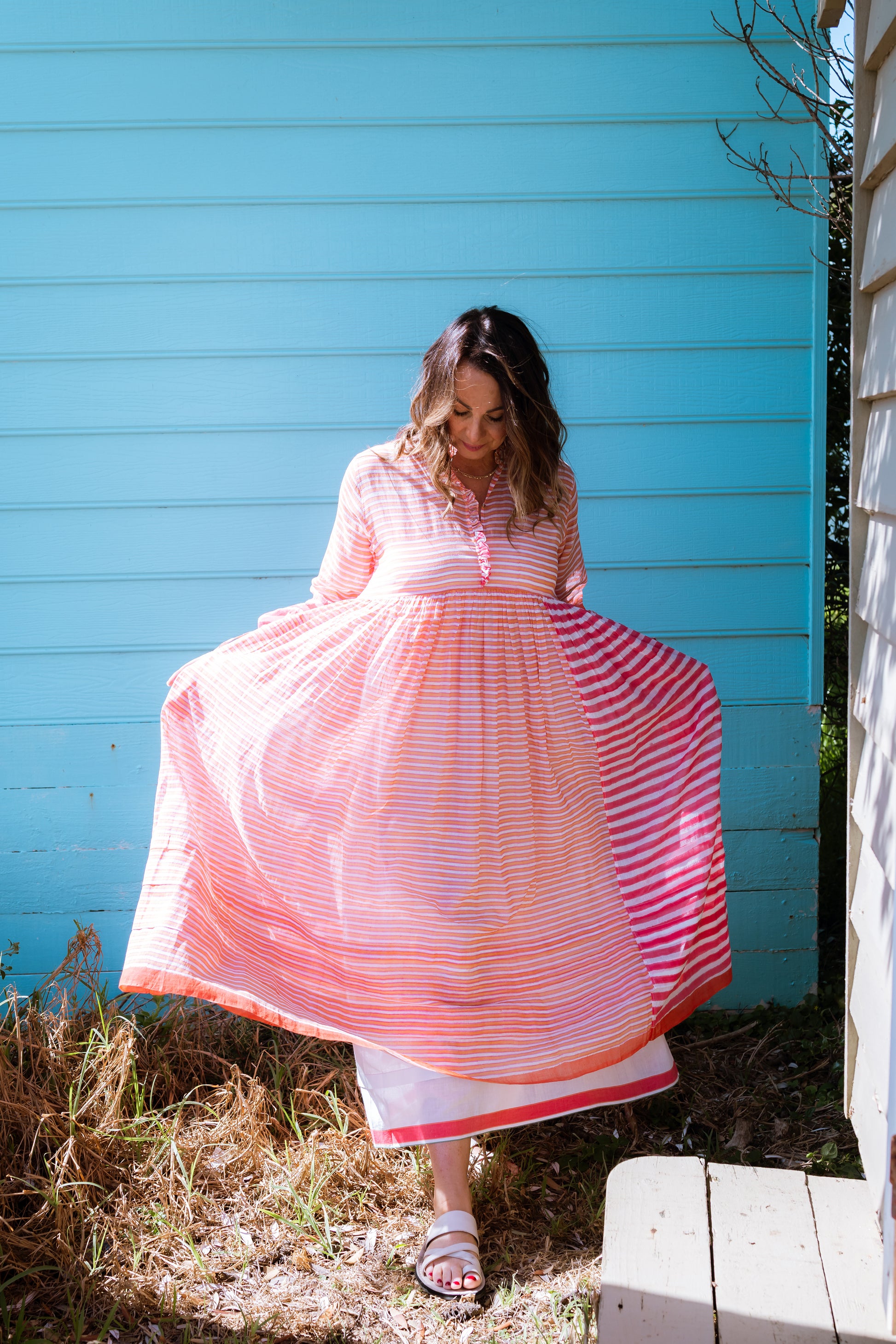 INJIRI Sunset Blockprint Stripe Cotton Ladies Dress - BODHII