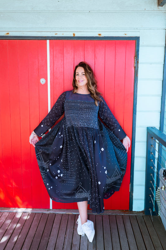 INJIRI Jaipur Bandhani Indigo Silk Dress - BODHII