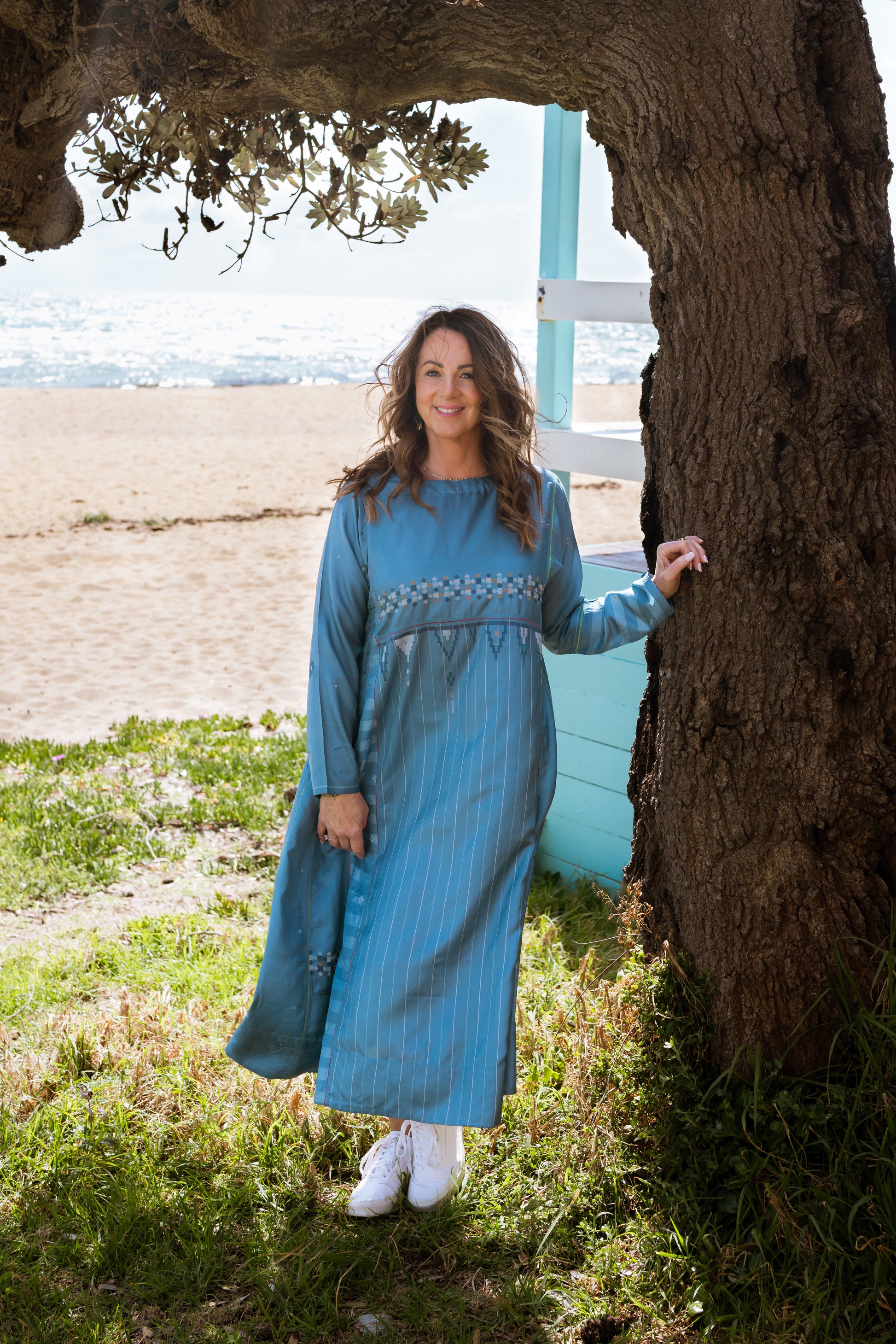 injiri silk dress Injiri Embroidered Silk Bib Dress in Indigo Blue