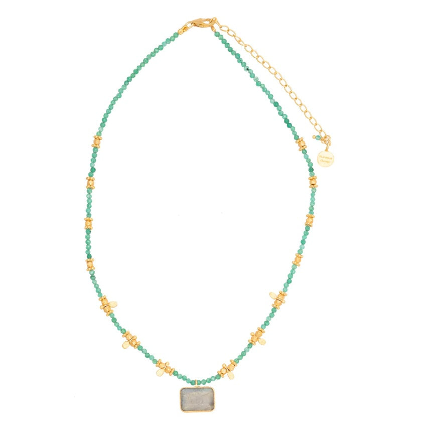 Short Turquoise Bead Necklace with Labradorite Pendant & Gold Charms By Rubyteva Design