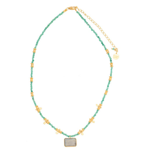 Short Turquoise Bead Necklace with Labradorite Pendant & Gold Charms By Rubyteva Design