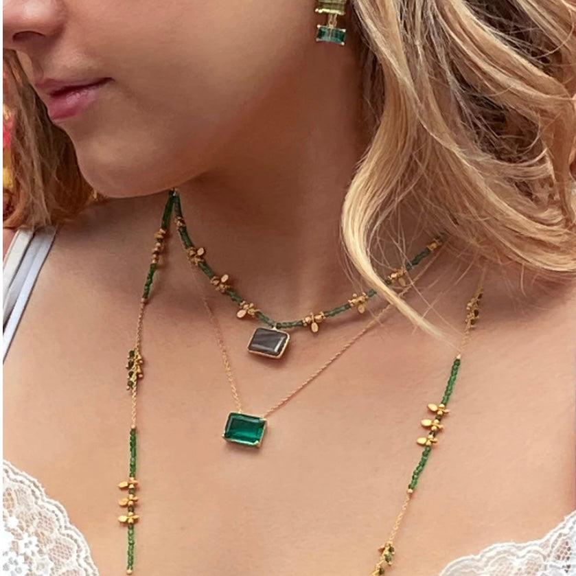 Short Turquoise Bead Necklace with Labradorite Pendant & Gold Charms By Rubyteva Design
