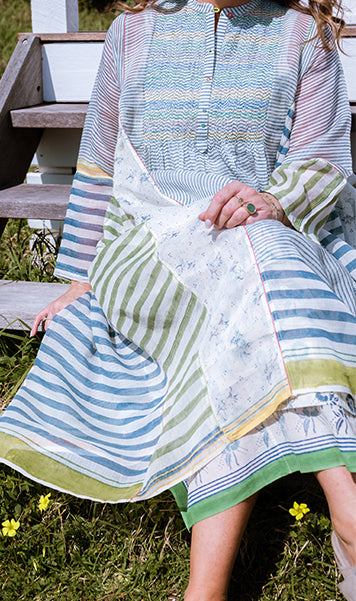 INJIRI Ladies Hand Embroidered Blockprint Cotton/Silk Dress - BODHII