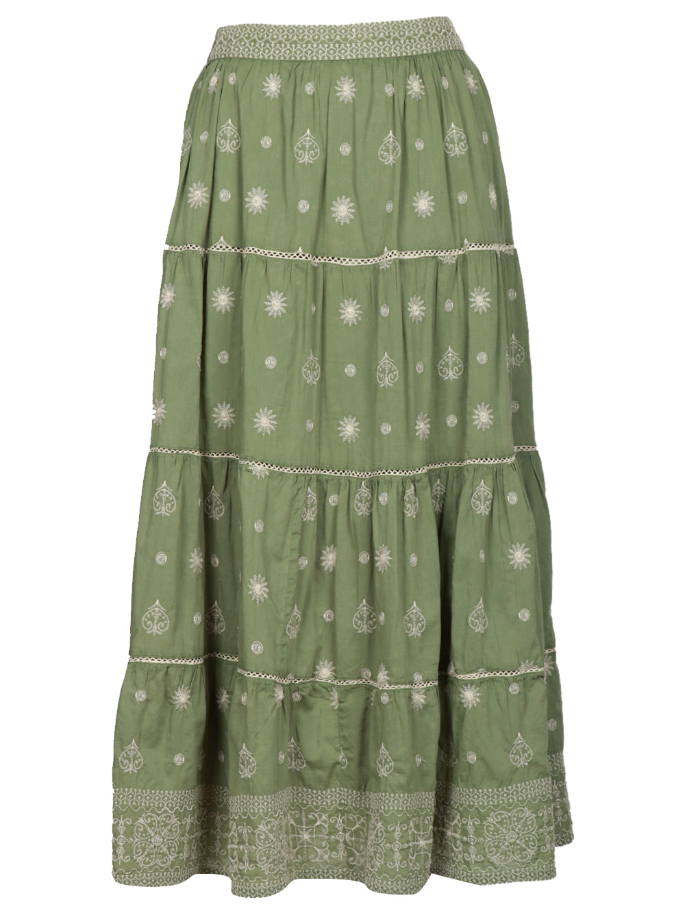 Green Cotton Midi Skirt with White Embroidery - BODHII
