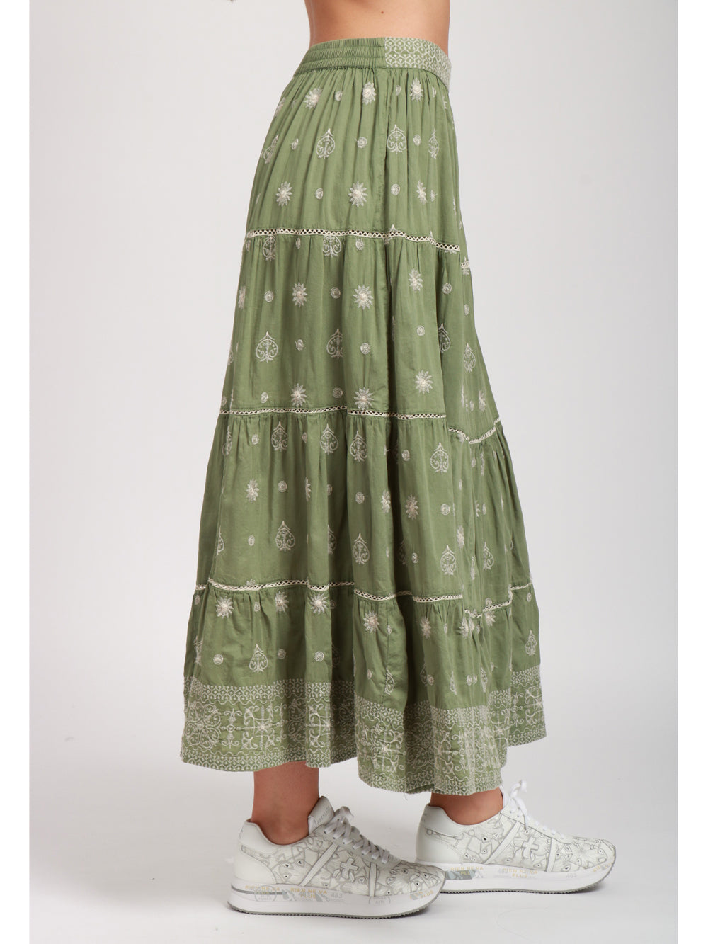 Green Cotton Midi Skirt with White Embroidery - BODHII