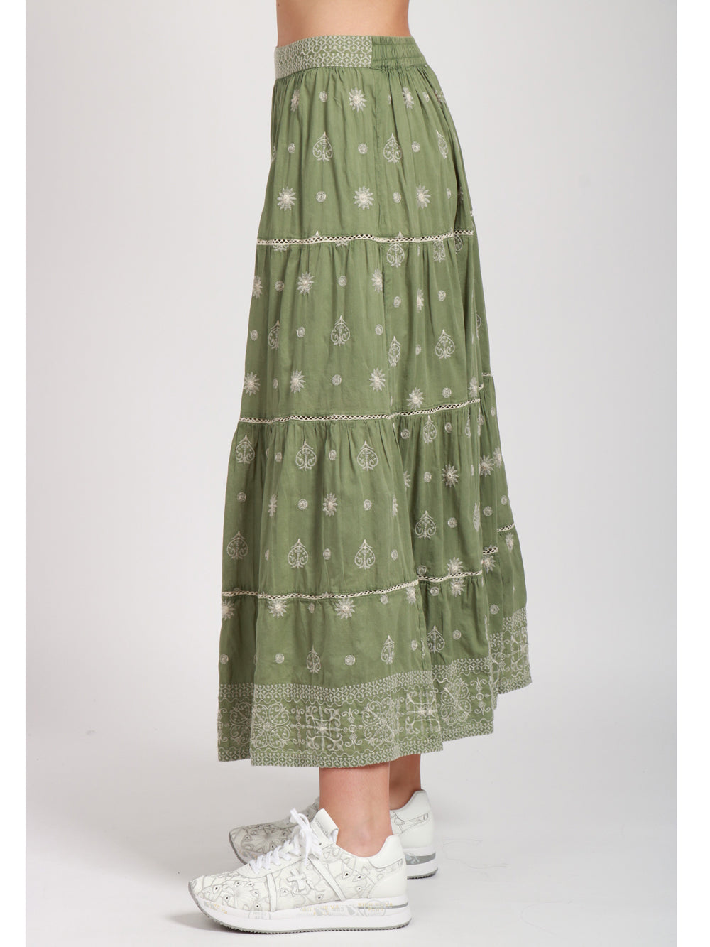 Green Cotton Midi Skirt with White Embroidery - BODHII