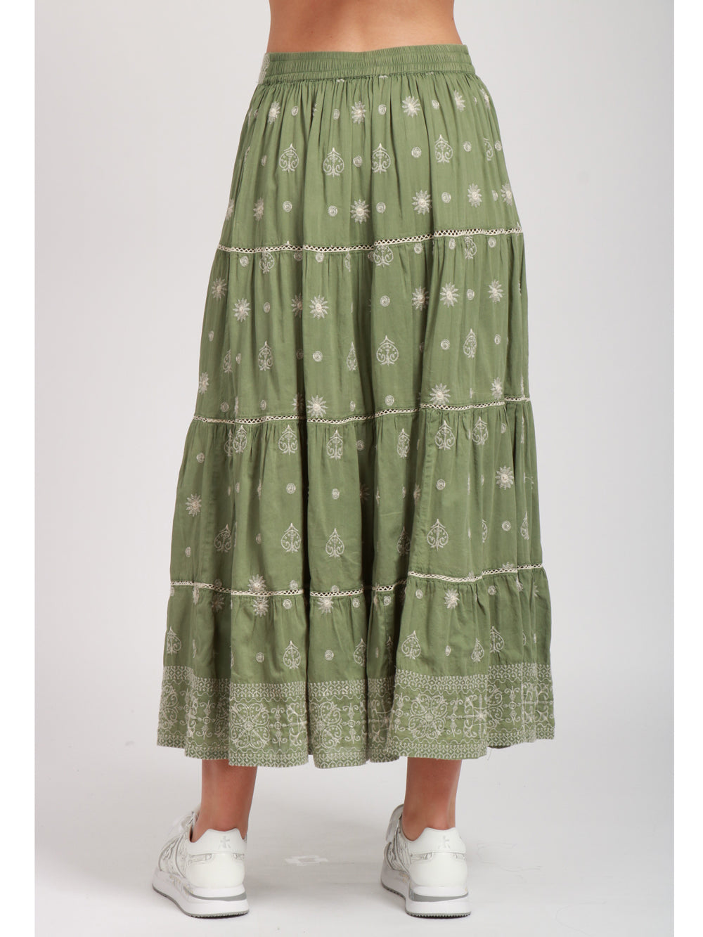 Green Cotton Midi Skirt with White Embroidery - BODHII