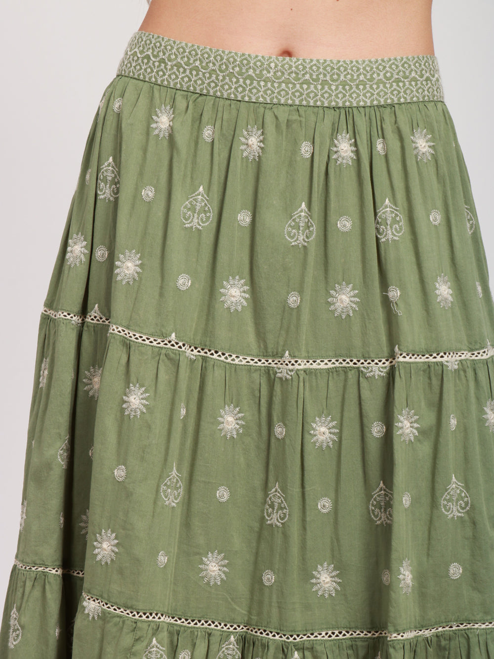 Green Cotton Midi Skirt with White Embroidery - BODHII